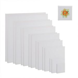 Relaxdays Toiles à Peindre, Lot de 16, carrées, pour Acrylique et Aquarelle, 8 Tailles, Coton, Cadre en Bois, Blanches