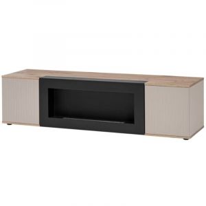Meuble TV ERINA avec cheminée bio-éthanol intégrée – Chêne clair et beige – 160 cm