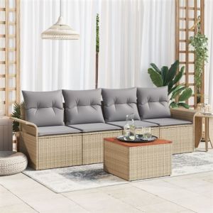 Image de VidaXL Ensemble de canapé de jardin 5 pièces avec coussins beige poly rotin acacia