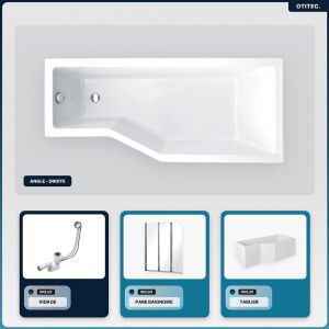 Baignoire asymétrique - 150 x 75 cm - Droite - avec Tablier - Pieds - Pare Baignoire 3 Volets - Vidage Chrome - INTEGRA