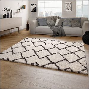 Paco Home - Tapis Shaggy Tapis De Salon Shaggy Poil Long Motif Diamant Scandinave Moderne 200 cm carré, Crème 3