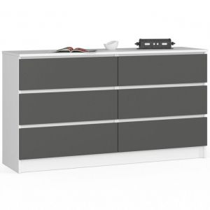 Commode AKORD K140 Blanche 138 cm 6 tiroirs façade Gris Graphite 138x40x77 cm
