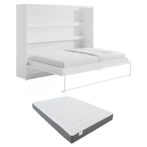 Lit escamotable 140 x 200 cm - Ouverture horizontale manuelle - Avec LEDs - Blanc + Matelas - rapili