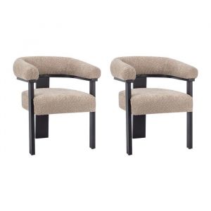 Lot de 2 chaises avec accoudoirs en tissu bouclette et bois d'h&eacute;v&eacute;a noir - Taupe - LIVELIA de Pascal MORABITO