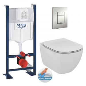 Grohe Pack WC B&acirc;ti Autoportant Rapid SL + WC sans bride Tesi + Abattant softclose + Plaque chrome (ProjectTesi-5)
