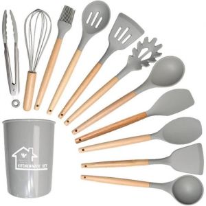 Lot Ustensiles de cuisine, 12 pièces, silicone et bois (Gris) - Vendeur français