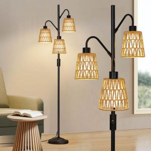 Rosnek - Lampadaire à 3 Flammes avec Abat-Jour en Rotin-Variateur Infini 0-100%&Abat-Jour Interchangeables pour Salon/Chambre