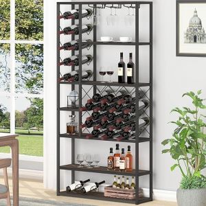 Launica Rack &agrave; vin rustique sur pied, rack &agrave; vin industriel moderne, armoire &agrave; vin en bois et m&eacute;tal avec rangement pour le vin et porte-verres pour la cuisine et la salle &agrave; manger, ch&ecirc;ne rustique.