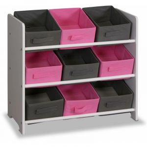Alice's Garden Meuble de rangement pour enfant. blanc - Camille - avec 3 étagères et 9 paniers gris et roses