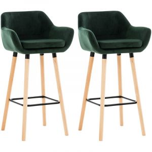 D&eacute;coshop26 Lot de 2 tabourets de bar en velours vert pieds en bois avec repose-pieds et accoudoirs style r&eacute;tro moderne 10_0000319