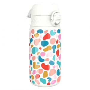Ion8 Gourde Isotherme Enfant, Inox, 320ml, Anti-Fuite, Facile à Ouvrir, Verrouillage Sécurisé, Lavable au Lave-Vaisselle, Poignée de Transport, Durable, Acier Inoxydable, Motif 3D Éclaboussures