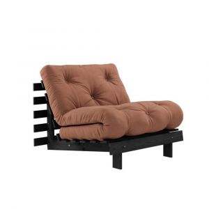 Fauteuil convertible futon ROOTS pin laqué noir matelas 90 x 200 cm coloris brun argile