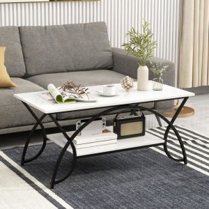 Table Basse à 2 Niveaux Table Basse Moderne Réglable avec Cadre Noir en Métal