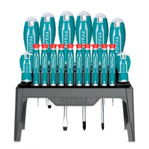Total Jeu de Tournevis - Contient 18 Pi&egrave;ces - Chrome Vanadium - Pointe Magn&eacute;tis&eacute;e - Manche Ergonomique - Id&eacute;aux pour une Utilisation Intensive