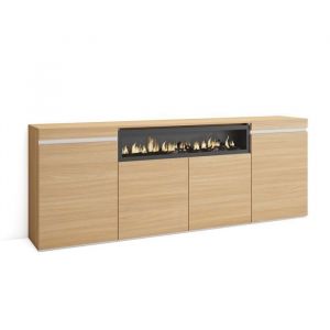 Buffet salon et cuisine, Meuble de Rangement, Commode, 200x35x75cm, 4 Portes, Cheminée électrique, Style moderne, Chêne soft et blanc - Skraut Home
