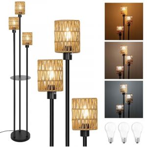 Lampadaire Salon en Rotin Noir a 3 têtes avec Etagere,3 Temperatures,Interrupteur au Pied,Structure Metallique Stable,Pour chambre