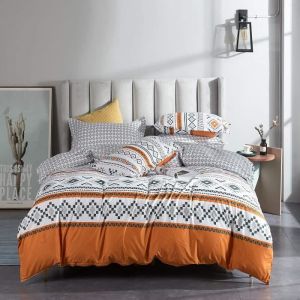 Housse de Couette 140x200cm Blanc et Orange Géométrique +1 Taie d'oreiller 65x65cm avec Fermeture Éclair Parure de Lit à Rayures