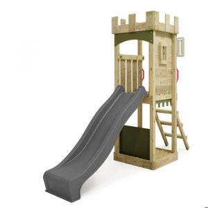 Fatmoose Tour de jeux Portique d'escalade TreasureTower avec toboggan, tour d'escalade avec bac à sable, Échelle & accessoires de jeu – anthracite