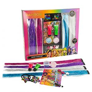 Image de Nice group Rainbow High Shiny Hair Set, Extensions Cheveux Scintillantes pour Enfants, avec Pinces à Cheveux, élastiques à Paillettes réversibles, Gel de Couleur, applicateur -