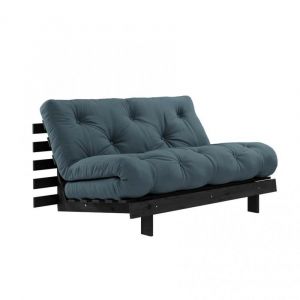 Canapé convertible futon ROOTS pin laqué noir matelas 140 x 200 cm coloris bleu pétrole