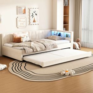 Canap&eacute;-lit 90x200 cm, lit simple avec lit gigogne, &eacute;clairage led ei prise usb, tissu en lin beige, sans matelas