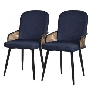 ML-Design Lot de 2 Chaises de Salle &agrave; Manger en Tissu Bleu Fonc&eacute;, Accoudoirs en Rotin et Pieds en M&eacute;tal Noir, Assise Rembourr&eacute;e Confortable,