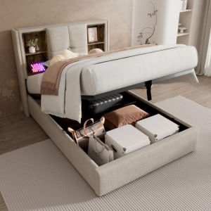 Lit coffre Lit capitonné simple 90 x 200 cm avec chargement sans fil usb c, sommier à lattes en bois et lin naturel, sans matelas