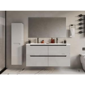 Meuble de salle de bain suspendu avec double vasque à encastrer et colonne - Blanc - 120 cm - selita