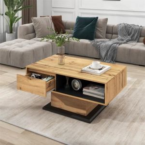 Table basse en bois veiné avec 1 tiroir espace de rangement double face table basse de salon chêne + gris noir 100x47x60 cm