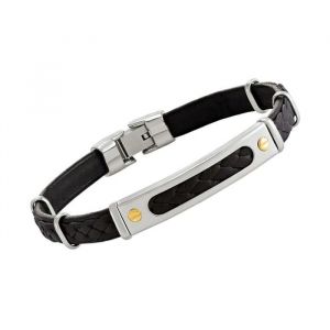 Charles Jourdan Bracelet Homme Acier Cuir Noir Tressé