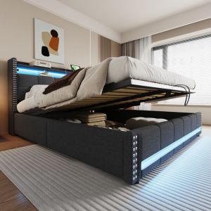 Lit coffre rembourr&eacute; 180x200 cm avec LED et USB, lit adulte double hydraulique, sommier &agrave; lattes, lin gris