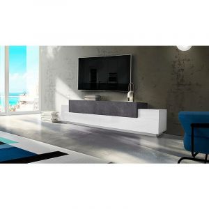 Image de Alter Meuble TV de salon, Made in Italy, Meuble TV avec 3 portes et étagères, 240x45h52 cm, couleur Blanc Brillant et Gris Frê