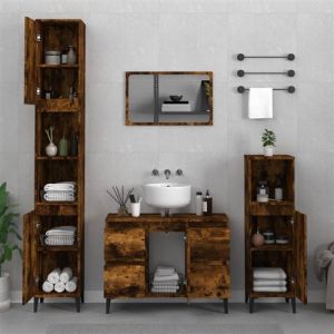 VidaXL Ensemble de Meubles de Salle de Bain 3 pcs, Armoires de Rangement avec Meuble-lavabo, Organisateur Toilette Intérieur, Chêne Fumé