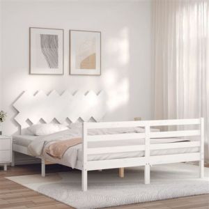Image de VidaXL Cadre de lit avec tête de lit blanc 140x190 cm bois massif, lit, mobilier de chambre à coucher, lit en bois, lit double, cadre de lit en bois