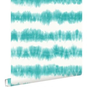 Papier peint rayure horizontal tie-dye shibori turquoise intense et blanc mat Estahome