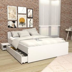 Lit Twist 140x190 + 2 Chevets + 1 Tiroir / Blanc/ 194x144x65 Cm