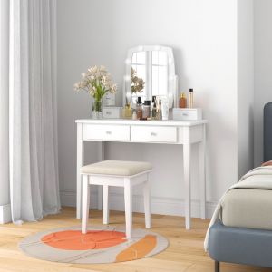 Image de Coiffeuse giantex 10 ampoules LED à intensité variable, miroir pivotant à 360 degrés avec 4 tiroirs de rangement blanc