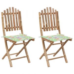 Image de VidaXL Chaises pliables de jardin 2 pcs avec coussins Bambou Motif de feuille