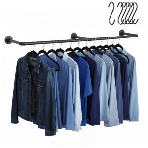 Relaxdays Tringle murale 183 cm, design industriel, 6 crochets en S, chambre, couloir, porte-manteaux, noir