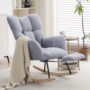 Fauteuil à bascule allaitement scandinave 80x98x98.5cm, rocking chair en en tissu Teddy avec repose-pieds extractible, gris
