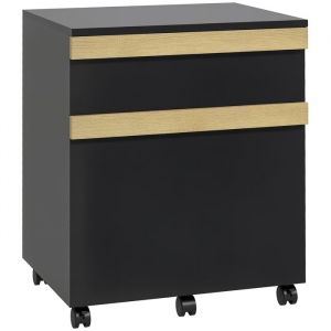 Caisson de bureau rangement bureau sur roulettes tiroir coulissant et tiroir dossiers suspendus noir aspect chêne clair