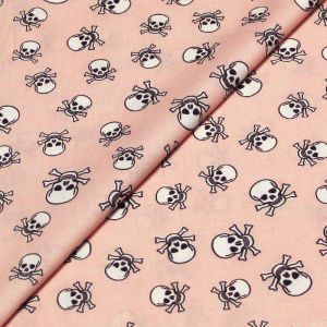 Toile coton & &eacute;lasthanne - T&ecirc;te de mort fond rose
