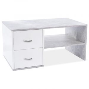 Table basse en bois aspect béton avec 2 tiroirs + 1 niche de rangement - Blanc et gris - L 100 x P 60 x H 50 cm