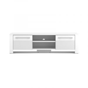 Meuble TV en bois "Manhattan" à 2 portes + 2 niches - Blanc/Blanc brillant - L 140 cm