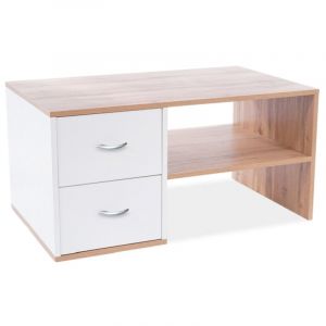 Table basse en bois aspect chêne avec 2 tiroirs + 1 niche de rangement - Blanc et gris - L 100 x P 60 x H 50 cm