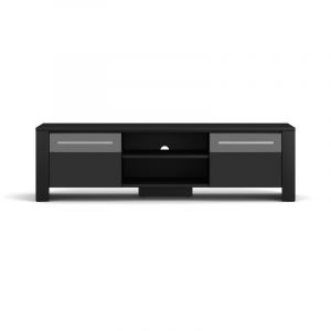 Meuble TV en bois "Manhattan" à 2 portes + 2 niches - Noir/Noir brillant - L 140 cm
