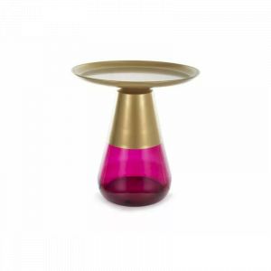 Table basse ronde en verre fumé "Tiffany A" - Dorée/Rose - D 50 x H 52 cm