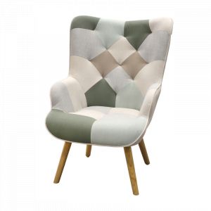 Fauteuil "Patchwork" avec pieds en bois - Vert/Beige - L 68 x l 75 x H 95 cm