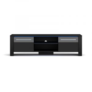 Meuble TV en bois "Manhattan" à 2 portes + 2 niches à LED - Noir/Noir brillant - L 140 cm