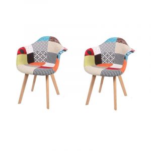 Lot de 2 fauteuils "Patchwork" avec pieds en bois - Multicolore - L 63 x l 63 x H 81 cm